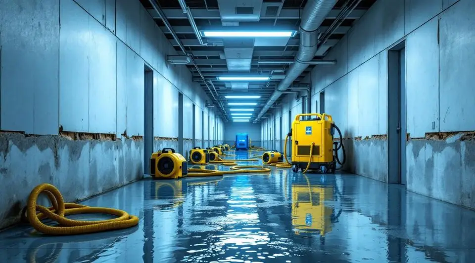 Professional restoration crew using industrial air movers in a large office lobby in Murfreesboro