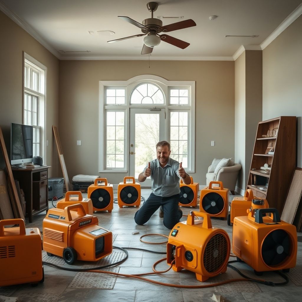 A close-up of a high-velocity air mover drying a hardwood floor in a Goodlettsville home.