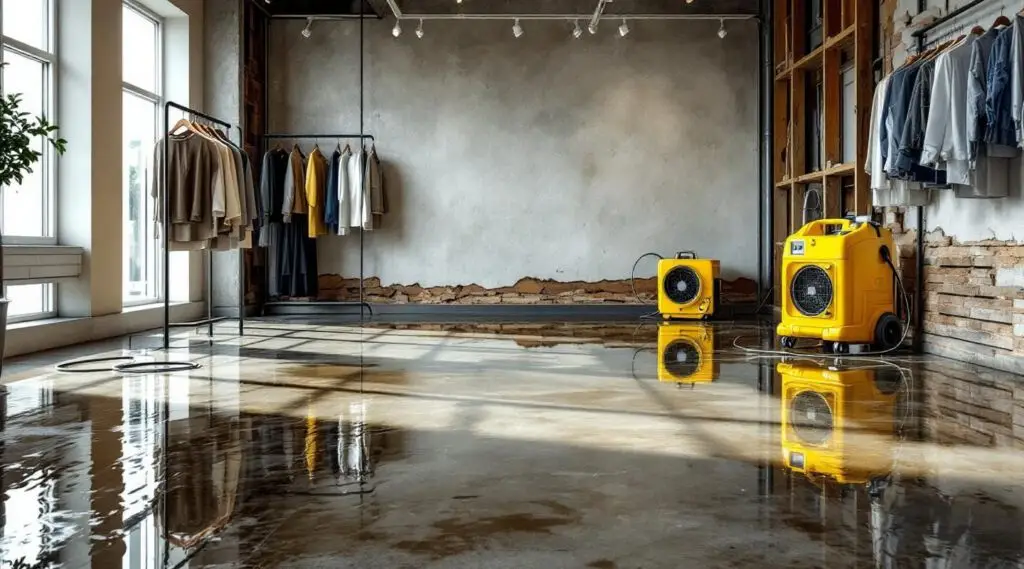 Professional restoration crew using industrial water extractors and air movers on a flooded retail store in Murfreesboro.