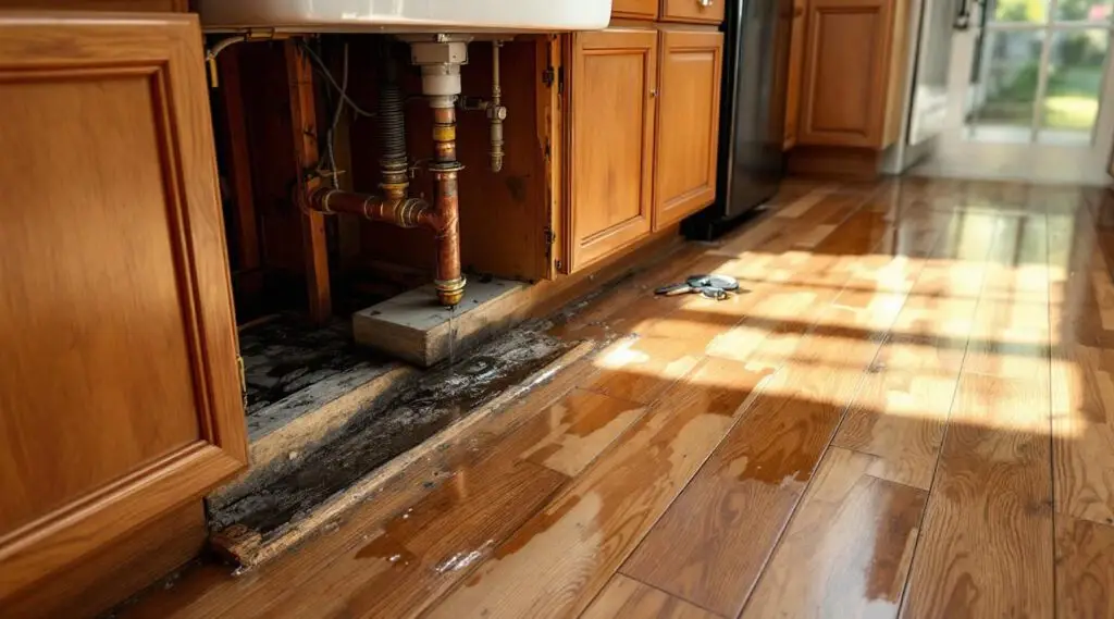 Professional restoration technician using a moisture meter behind kitchen cabinetry in a Murfreesboro home, focused mood.