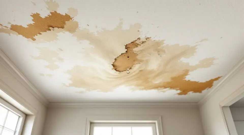 A professional technician using a moisture meter on a water-damaged ceiling inside a Murfreesboro home to assess repair needs.