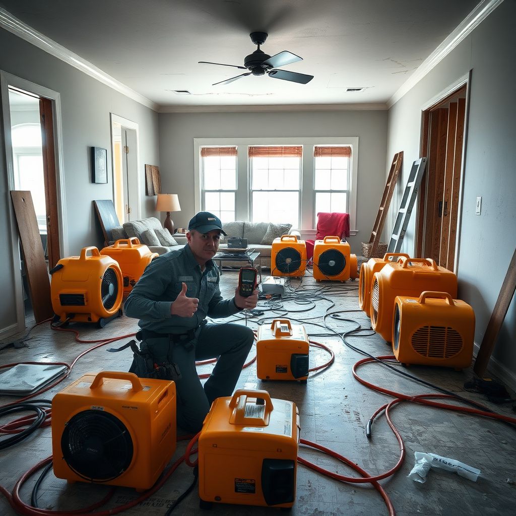 A clean-cut ADE Restoration professional explaining the drying process to a Brentwood homeowner.