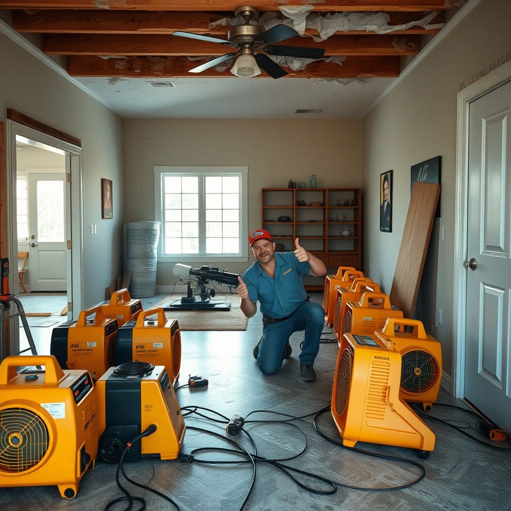 A clean, organized set of professional air movers and dehumidifiers placed strategically in a Gallatin home to dry wet carpeting.