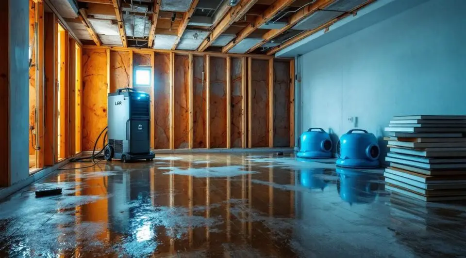 Professional restoration technician using industrial drying fans and dehumidifiers in a flooded Murfreesboro residence.