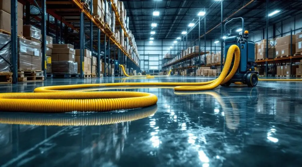 Professional technicians using industrial truck-mounted extraction tools on a flooded warehouse floor in Murfreesboro.