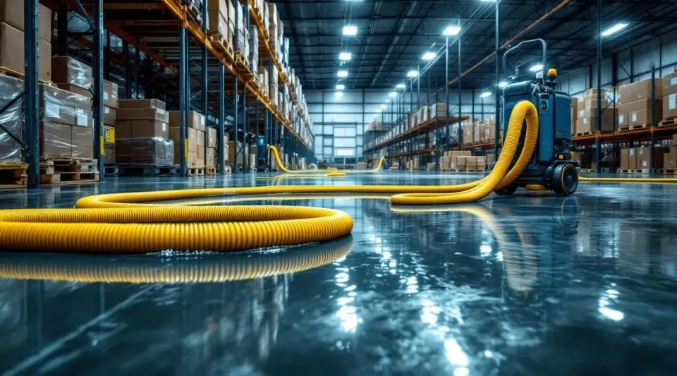 Professional technicians using industrial truck-mounted extraction tools on a flooded warehouse floor in Murfreesboro.