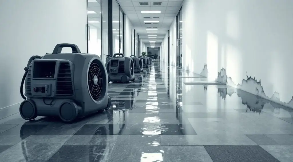 Professional restoration crew using industrial air movers in a flooded Murfreesboro office lobby during emergency repairs.