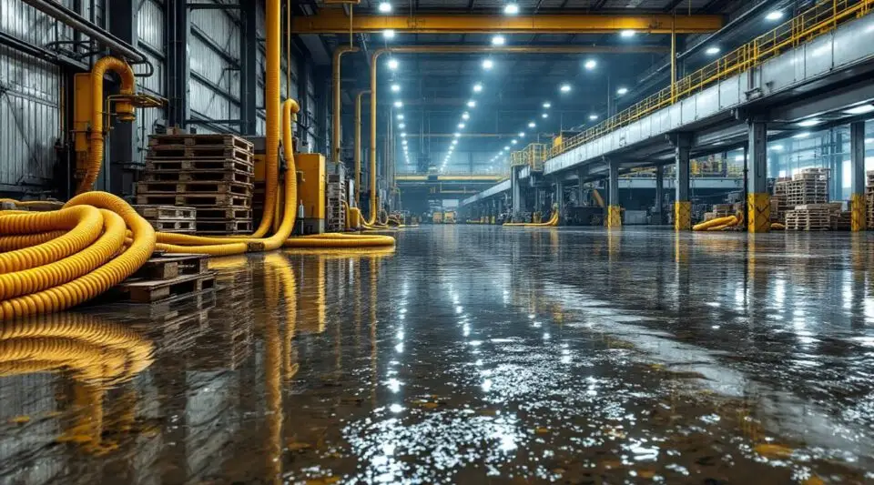 Restoration technicians operating high-capacity water extractors in a flooded Murfreesboro industrial plant at night.