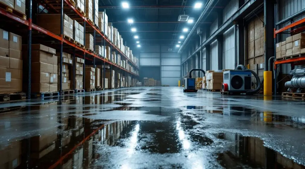 Professional restoration crew using industrial water extractors on a flooded Murfreesboro warehouse concrete floor.