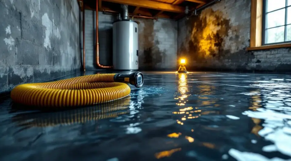 ADE Restoration expert using professional water extraction tools in a Murfreesboro home with warm cinematic lighting.