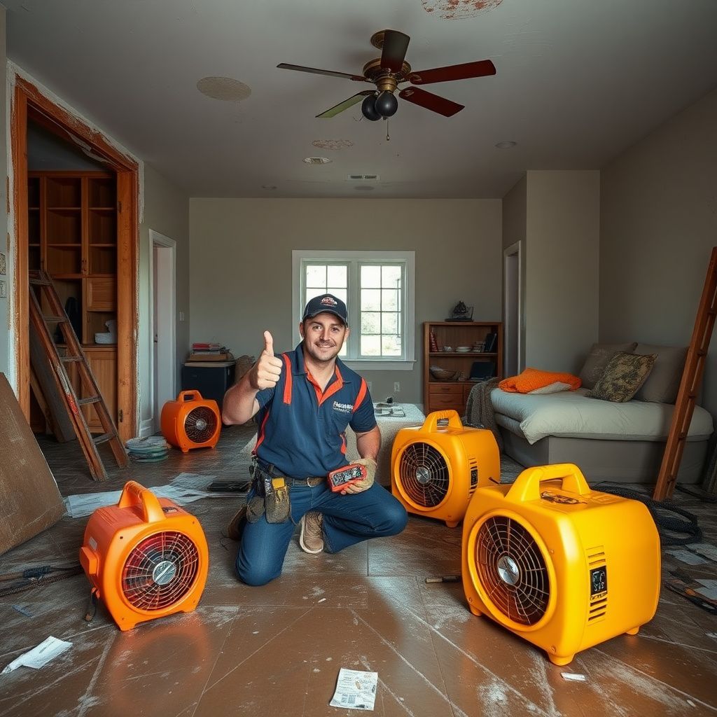 A clean, organized stack of industrial air movers and dehumidifiers ready for deployment in an Old Hickory home.